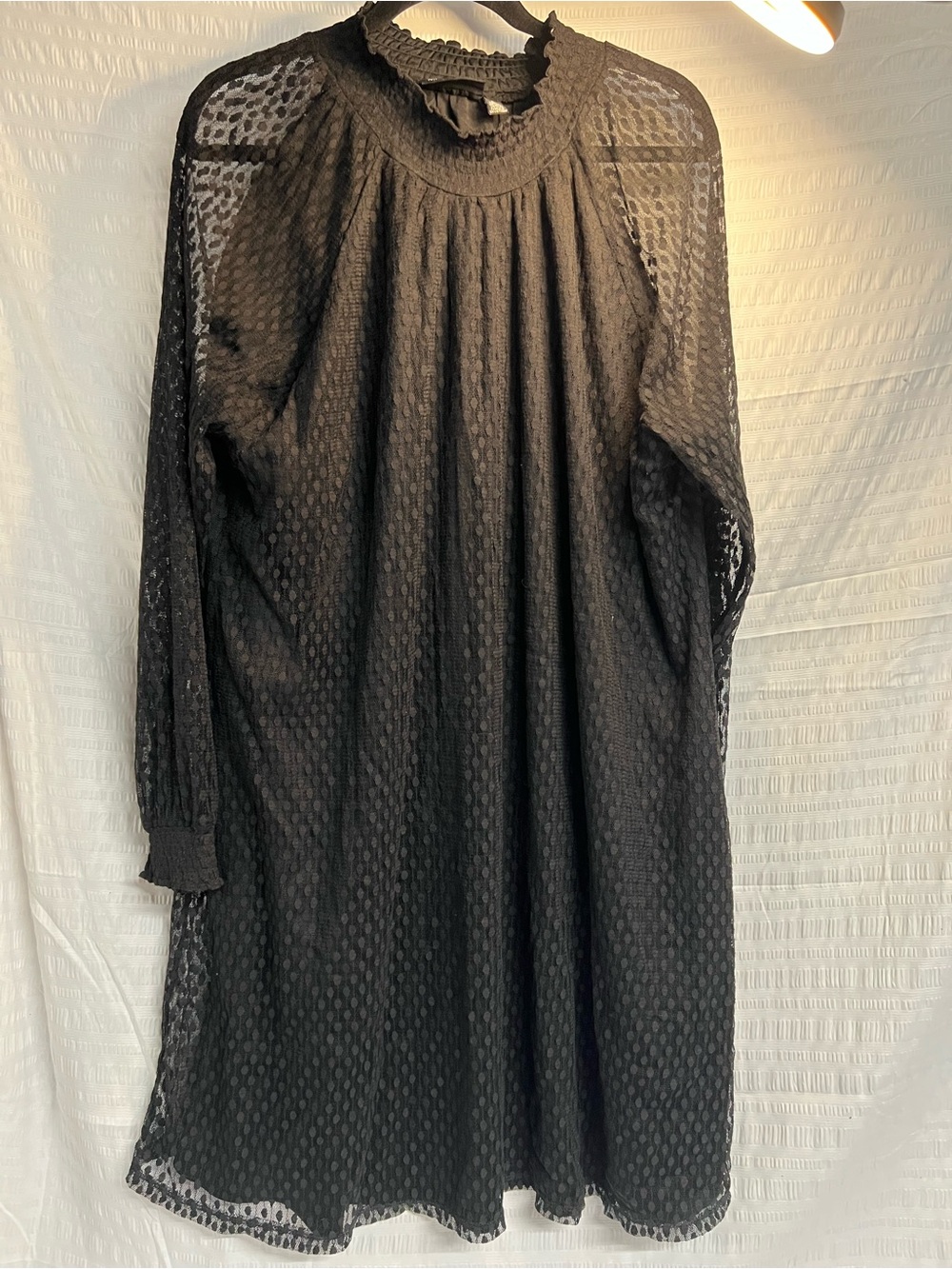 Nina Leonard Black Lace Smocked Neck Long Sleeve Tunic